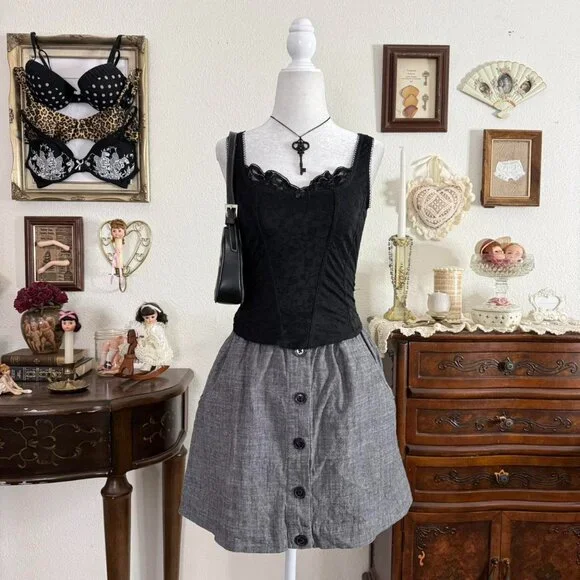 girly grunge dark academia gray button down mini skirt w pockets - Picture 1 of 5